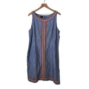 Talbots Womens Linen Blend Embroidered Chambray Shift Dress Size 16